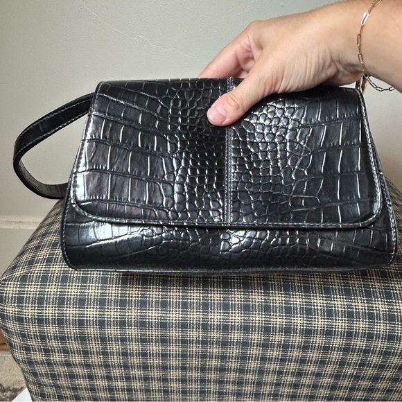 Black Croc Embossed Shoulder Bag Faux Leather Flap Closure Evening Purse‎ - Picture 3 of 6